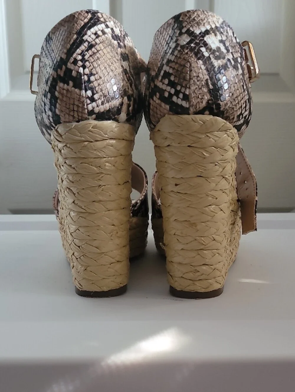 Neutral Snake-Print Platform Wedge Sandals with Gold Buckle Lemon Drop 8.5